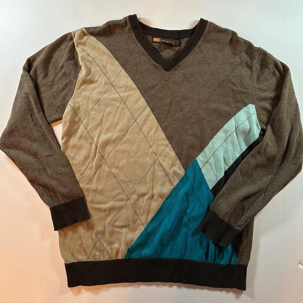 Vintage Argyle V Neck Knit Sweater - 90s Knit Multicolor Argyle Knit Sweater